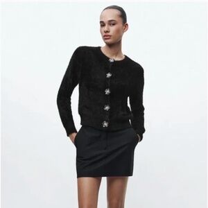 ZARA FLOWER BUTTON FAUX FUR KNIT CARDIGAN NWT